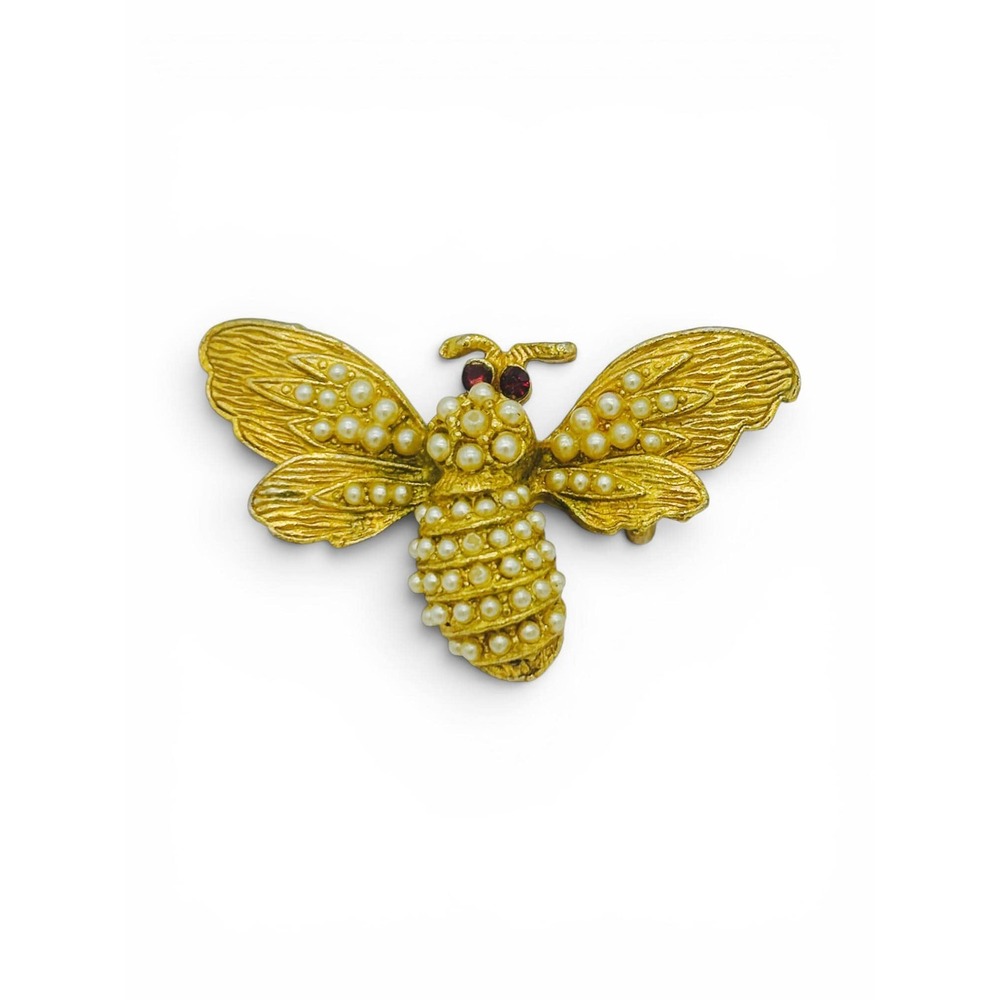 Vintage Gold-Tone Bee Brooch | Faux Seed Pearl Cabochons & Red Rhinestone Eyes - Picture 4 of 7